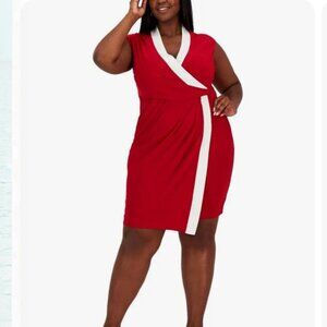 Kasper Plus Size Colorblock Faux-Wrap Sheath Dress Crimson & Creme 3X NWT